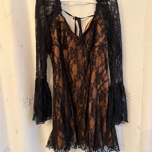 Black Lace Overlay Slip Dress with Copper Underlay
